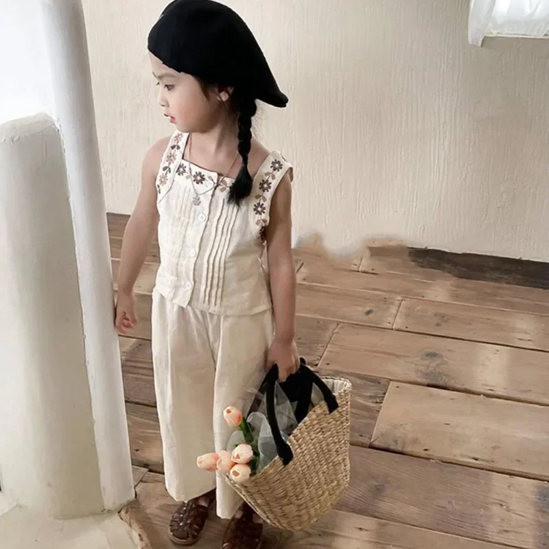 赤ちゃんと女の子のための刺繍入りコットンベストとワイドレッグパンツ,日本と韓国のスタイルの服,子供服,夏