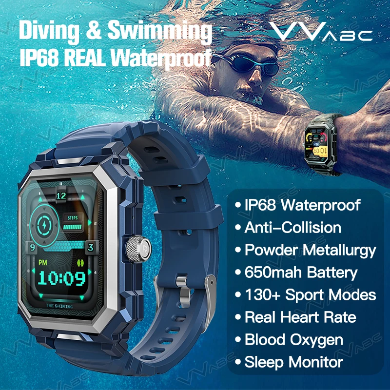 VVABC ip68 Waterproof Swimming Smart Watch for Sport Fitness Tracker Long Battery Life Diving Rugged Outdoor Smartwatch AOD 2024