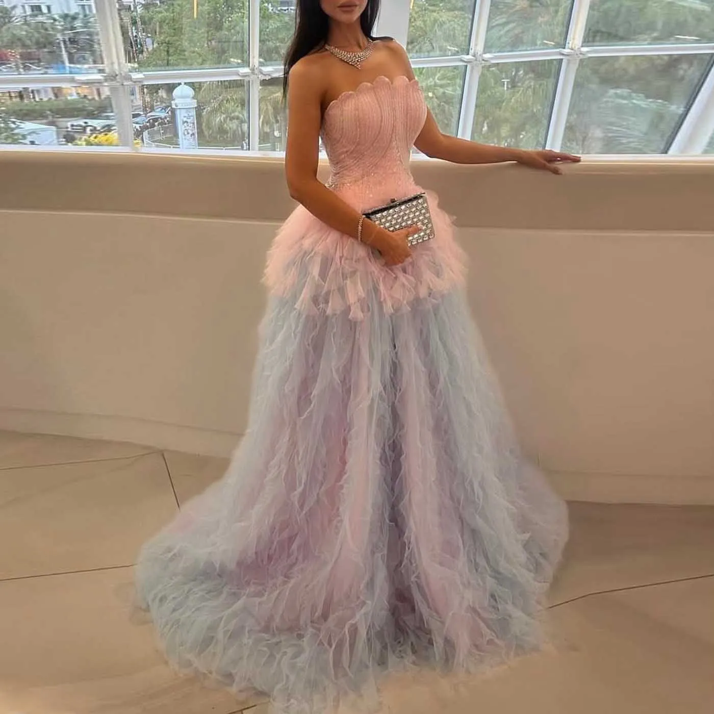 Charming Pink Blue Wedding Party Dresses Ruffles Tulle Unique Formal Occasion Dress فساتين سهرة A Line 2 Colors Prom Maxi Dress