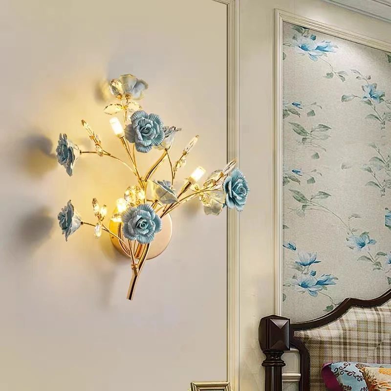 

Modern Simple Bedroom Bedside Wall Lamp Ceramic Sconce Creative Crystal Flower Wall Light Living Room Stair Aisle Bathroom LED