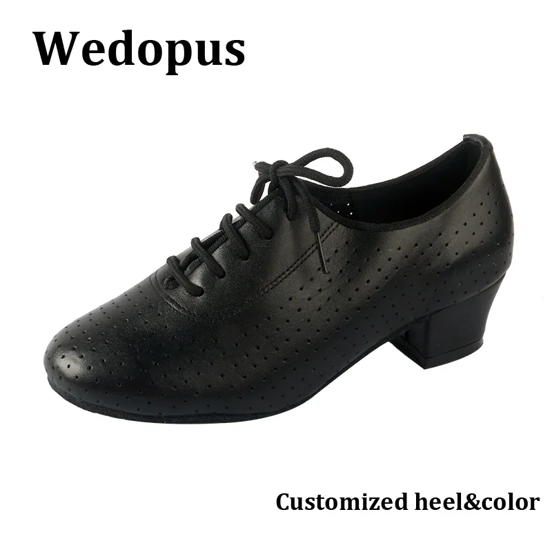 Wedopus Latin Dance Practice Shoes Black Leather Closed Toe Salsa Ballroom Ladies Dance Shoes 4.5CM Dropshipping