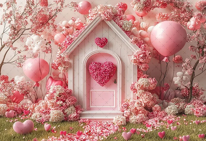 Mehofondการถ่ายภาพพื้นหลังวันวาเลนไทน์บ้านสีชมพูดอกไม้บอลลูนรักเด็กวันเกิดPortrait DecorฉากหลังPhoto Studio
