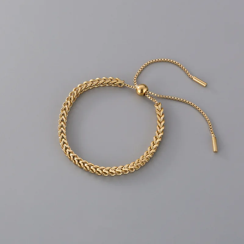 Exquisite Gold Color Stainless Steel Weaving Wheat Ears Pull Adjustable Bracelet for Women Classic Trendy Bangle Jewelry Gift