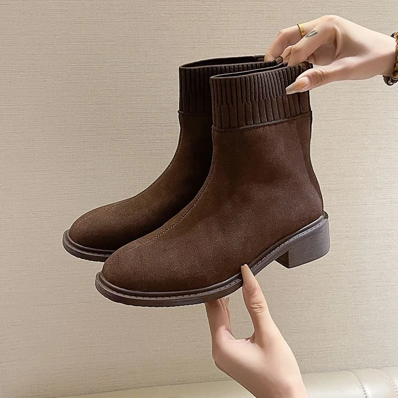 Retro Square Toe Suede Ankle Boots Women Winter Warm Fur Lined Zipper Fashion Short Booties 2026 Fall Autumn Shoes
