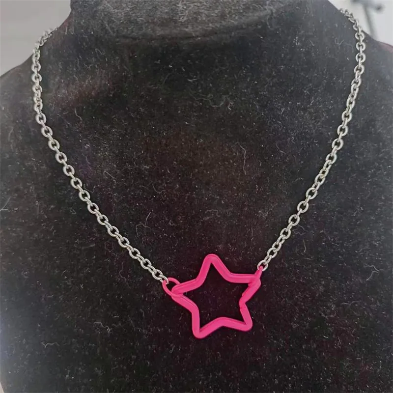 Punk Gothic Hollow Out Hot Pink Star Necklace For Women 4mm Thick Stainless Steel Chain Iron Pendant Jewelry Accessories Gifts