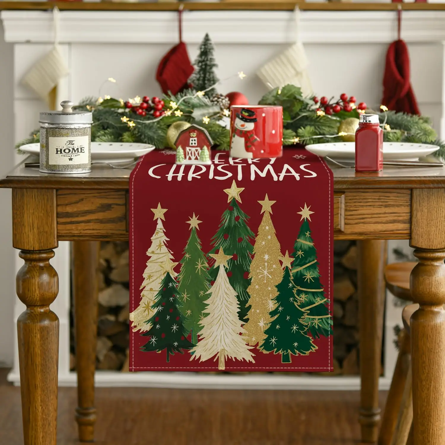 

Cloududa Christmas Xmas Trees Snowflakes Red Merry Christmas Table Runner Winter Kitchen Dining Table Decoration