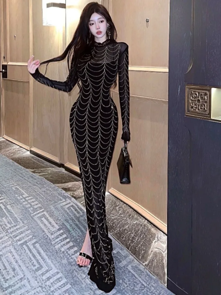 Ezgaga Woman Dress Stand Collar Mesh Patchwork Long Sleeve Rhinestone Slim Sexy Elegant Party Dresses Ladies Chic Fashion