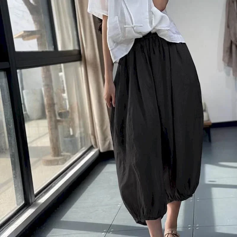 Calças de linho de algodão sólido solto casual vintage coreano moda harajuku calças lanterna cintura elástica roupas femininas