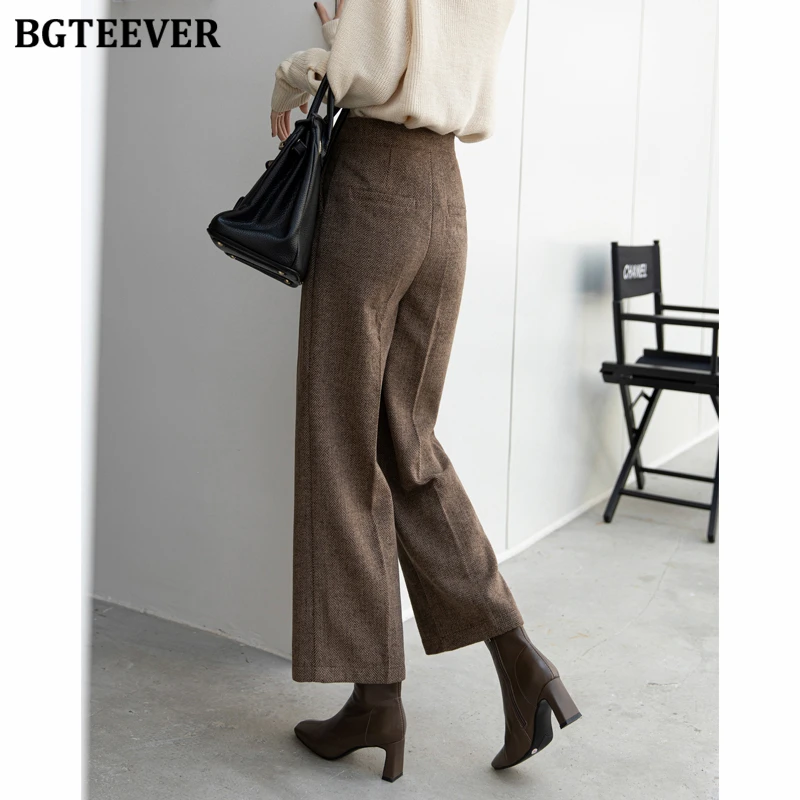 BGTEEVER Autumn Winter High Waist Ladies Woolen Pants Loose Thicken Wide Leg Trousers for Women