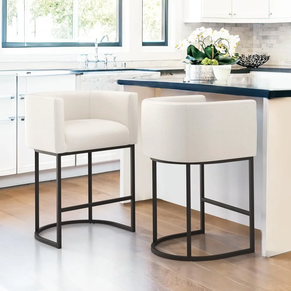 

27" H Counter Height Bar Stools Set of 2, Modern Barrel Counter Stools with Backrest and Arms, Black Metal Frames