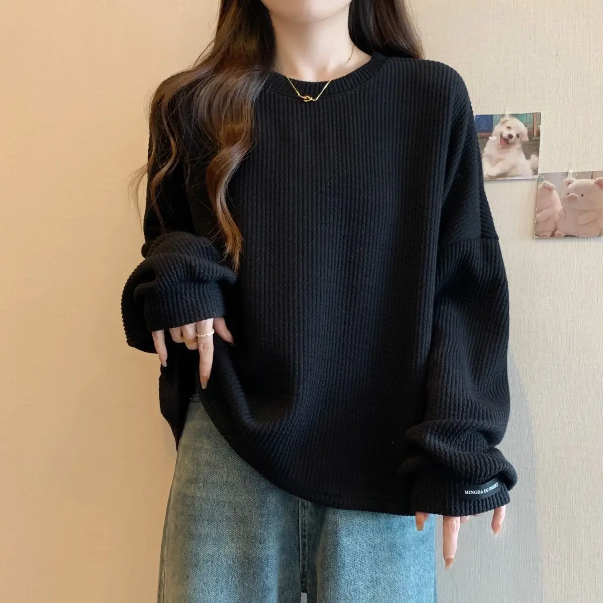 Large Size Women's Clothing Autumn And Winter New Thickened Pit Strips Loose And Thin Casual Simple Warm Long-sleeved Top