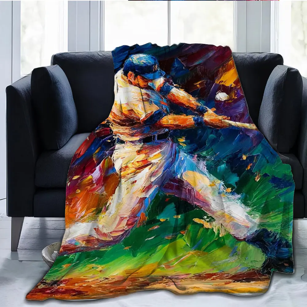 Baseball-themed oil painting style Flannel printed blanket suitable for all seasons suitable for living room office sofa travel