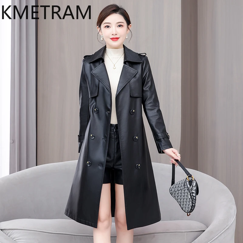 KMETRAM-Veste en cuir de mouton véritable pour femme, manteau semi-long, vêtements mi-longs, mode printemps et automne 2024