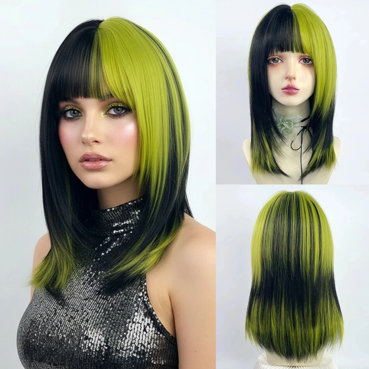 

Парик для косплея Лолиты на Хэллоуин, женские короткие прямые волосы с эффектом омбре, черные, зеленые, термостойкие синтетические волосы