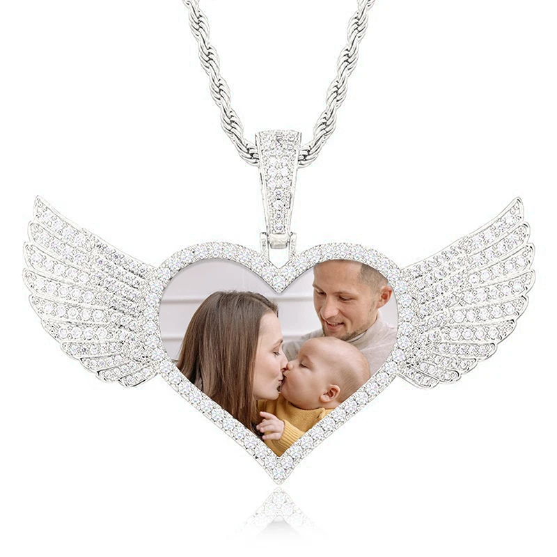 

Custom Photo Necklace with Heart Zircon Wing Pendant Personalized Picture Pendant for Him Gifts for Her 18k Gold Hip Hop Jewelry