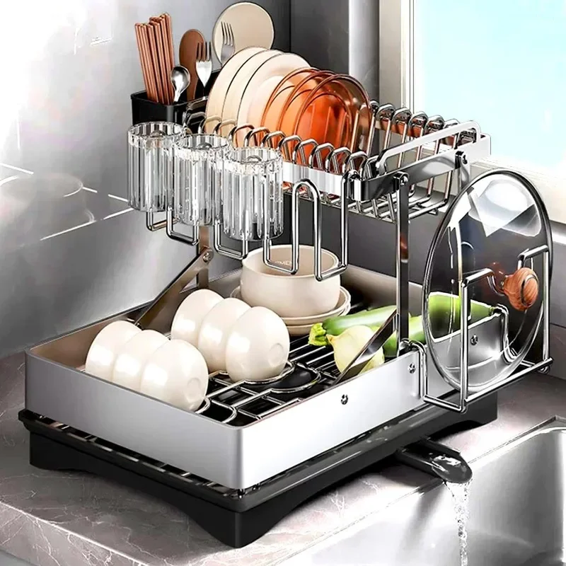 

Dish Drying Rack, Multifunctional Dish Rack for Kitchen Counter, 2 Tier Collapsible & Stainless Steel Dish Drainer, Kitchen