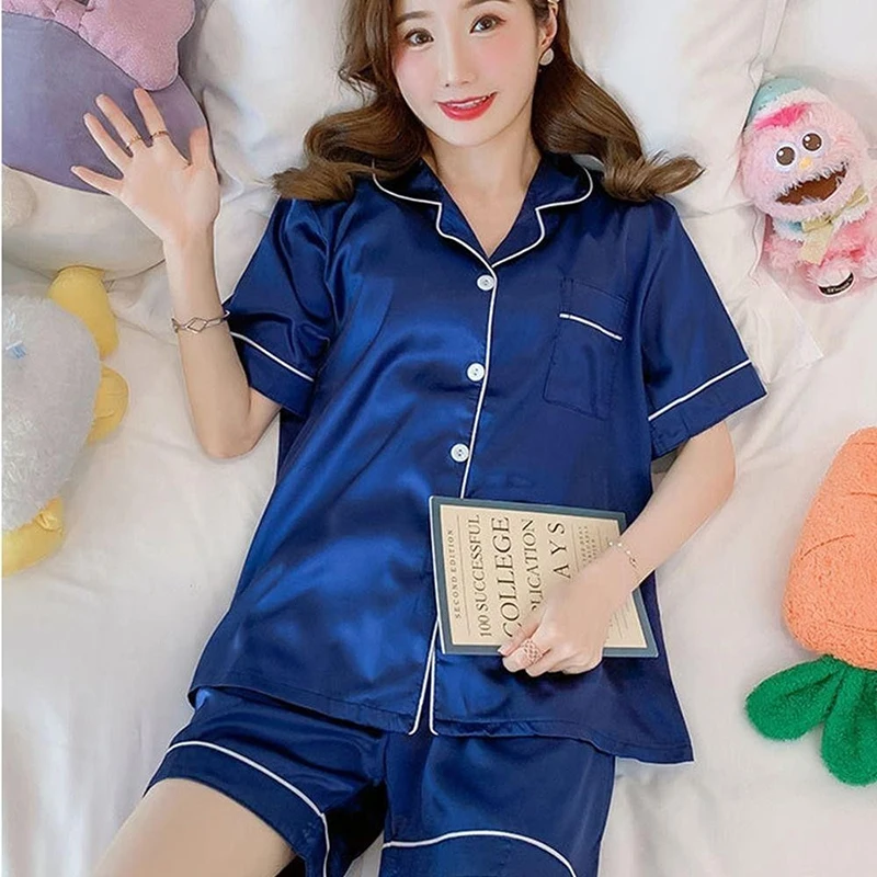 Women\'s Pajamas Set Summer Ice Silk Short Sleeve Shorts 2 Piece Suit Pyjama Femme Nightwear Loungewear Set