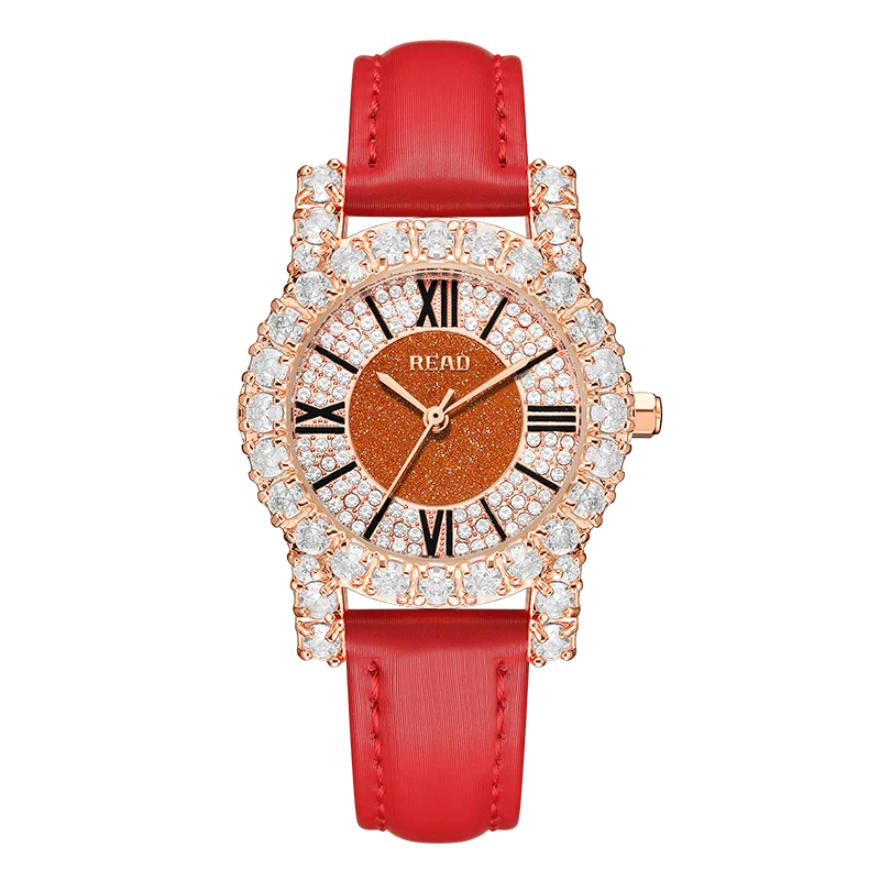 READ Ladies Quartz Watch | Rose Gold‑Tone Case | Red PU Band | Glitter Dial | Decor Bezel | 30M Daily Water Resistant