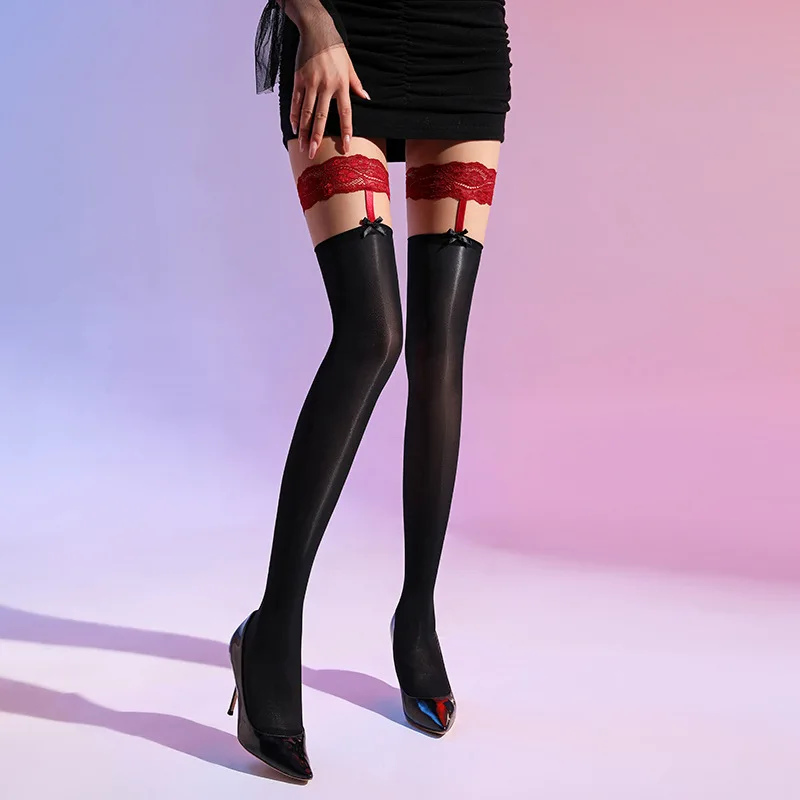 Stockings8DShiny Contrast Color Horse Oil Long Stockings Red Lace Sexy Pure Silky over the Knee Nightclub Socks