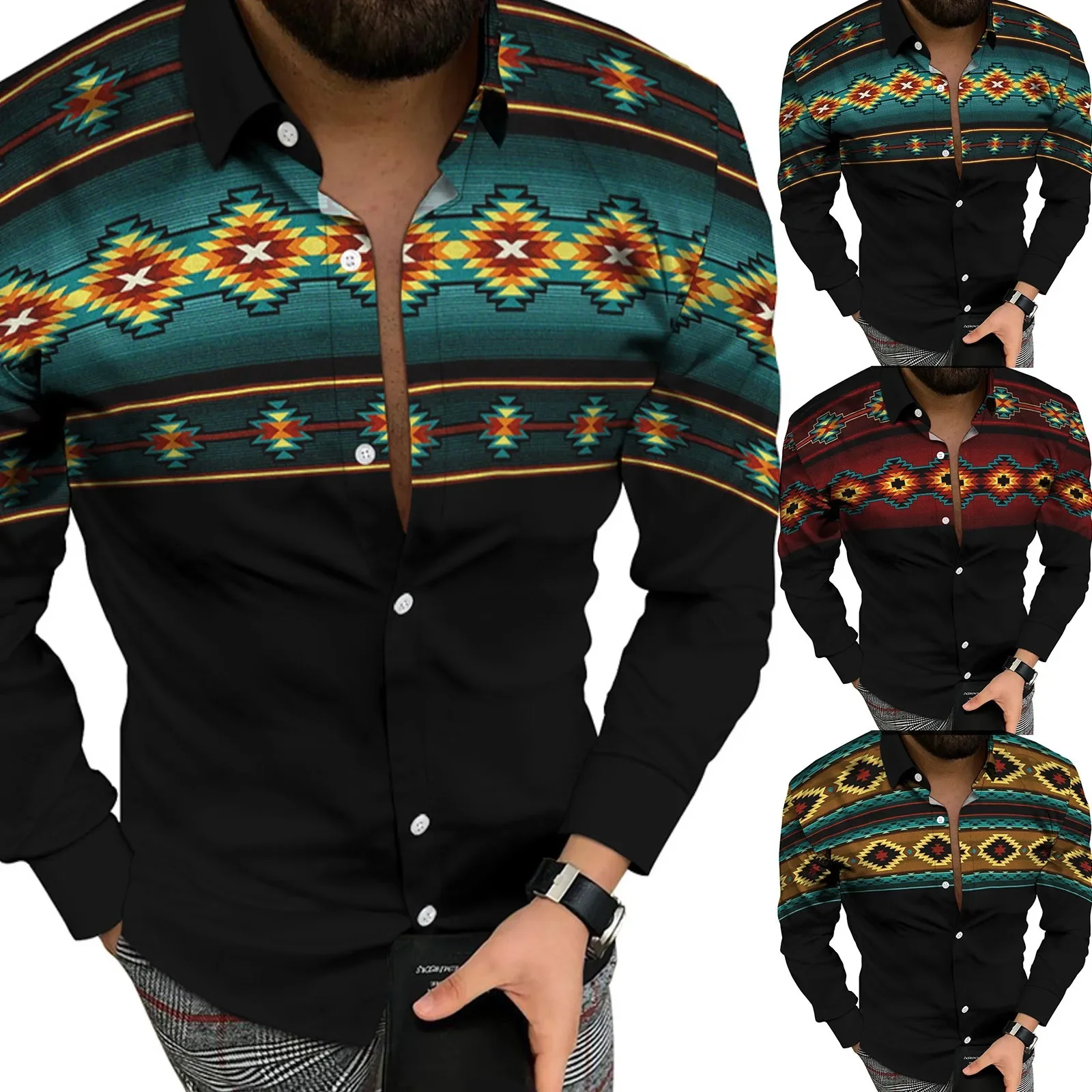 

Vintage Western Ethnic Hawaiian Man Slim Mens Fashion Shirts Dress Long Sleeve 3D Printed Casual Flower Camisa Blouse Social