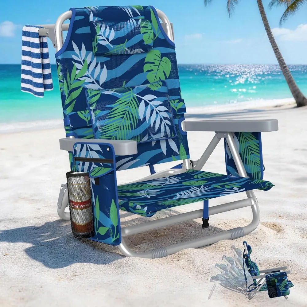 Foldable Beach Chair with Lumbar Support, Cooler Bag, Cup Holder, and Towel Rack (Blue & Green)