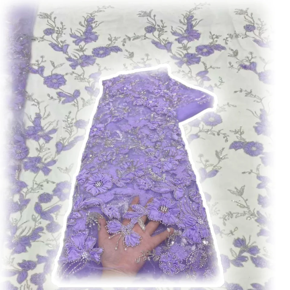 

African Lace Fabric 2025 High Quality French 3D Flower Peach Sequins Embroidery Beads Tulle Lace Fabric For Party Dress CC1180