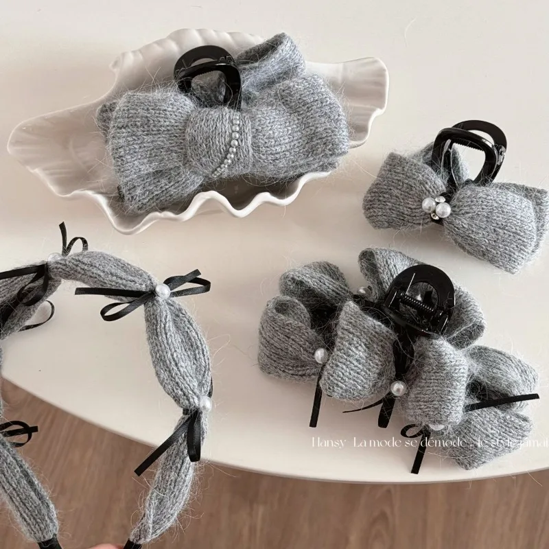 Gray wool bow grab clip premium pearl hairpin autumn and winter headgear disc hair shark clip hair accessories new