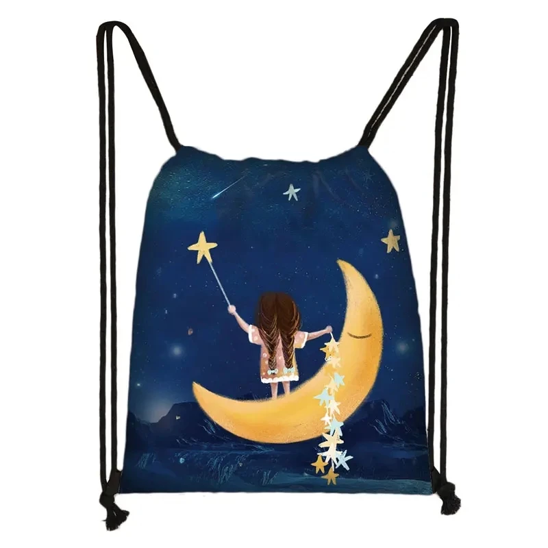 Galaxy / Starry Night Print Drawstring Bags Women Travel Bag Fashion Teenager Girls Canvas Softback Backpack Female Storage Bag