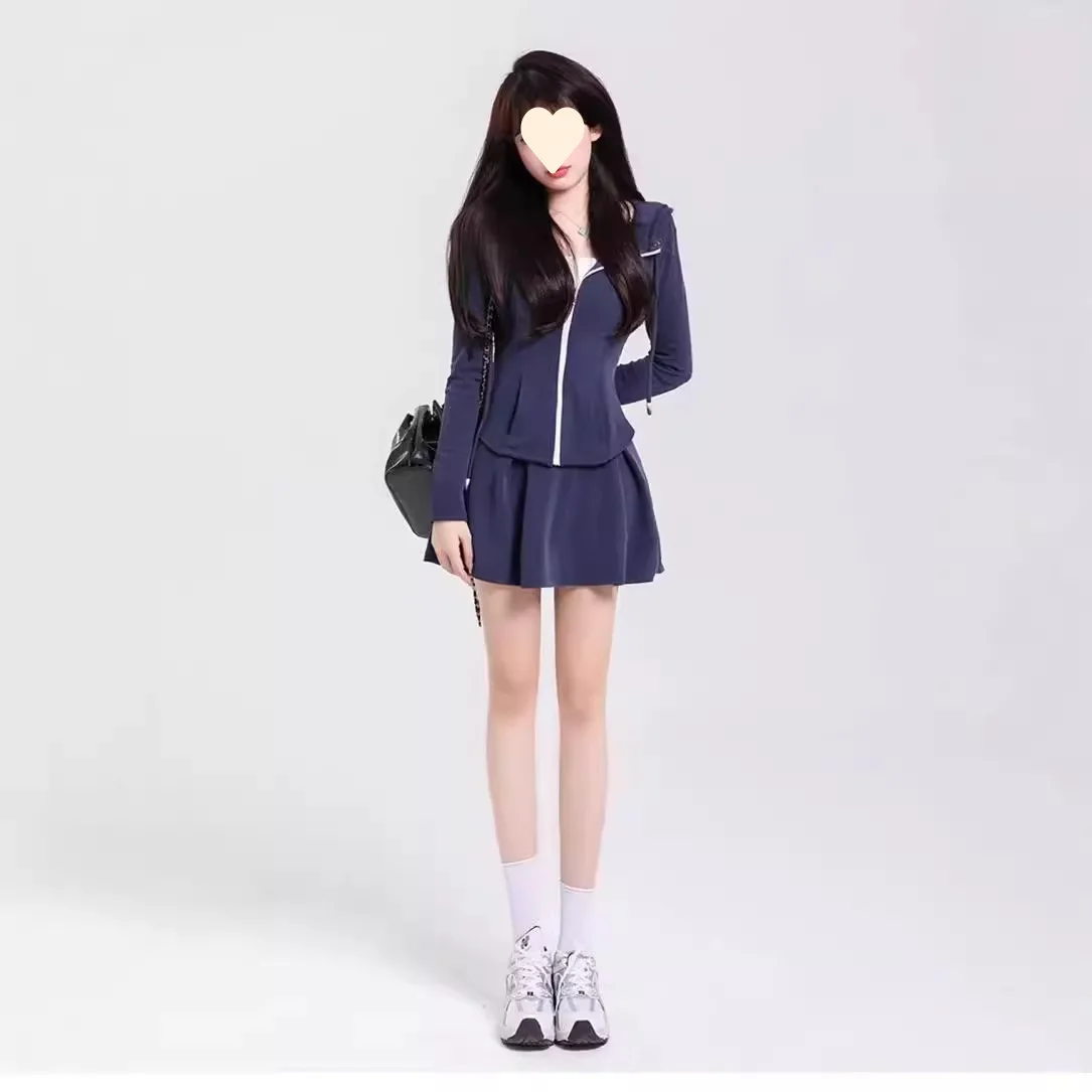 Fall 2026 Hoodie Jacket Skirt Set College Style Casual Sports Outfit for Little Girls High Waist Short Skirt Long Sleeve