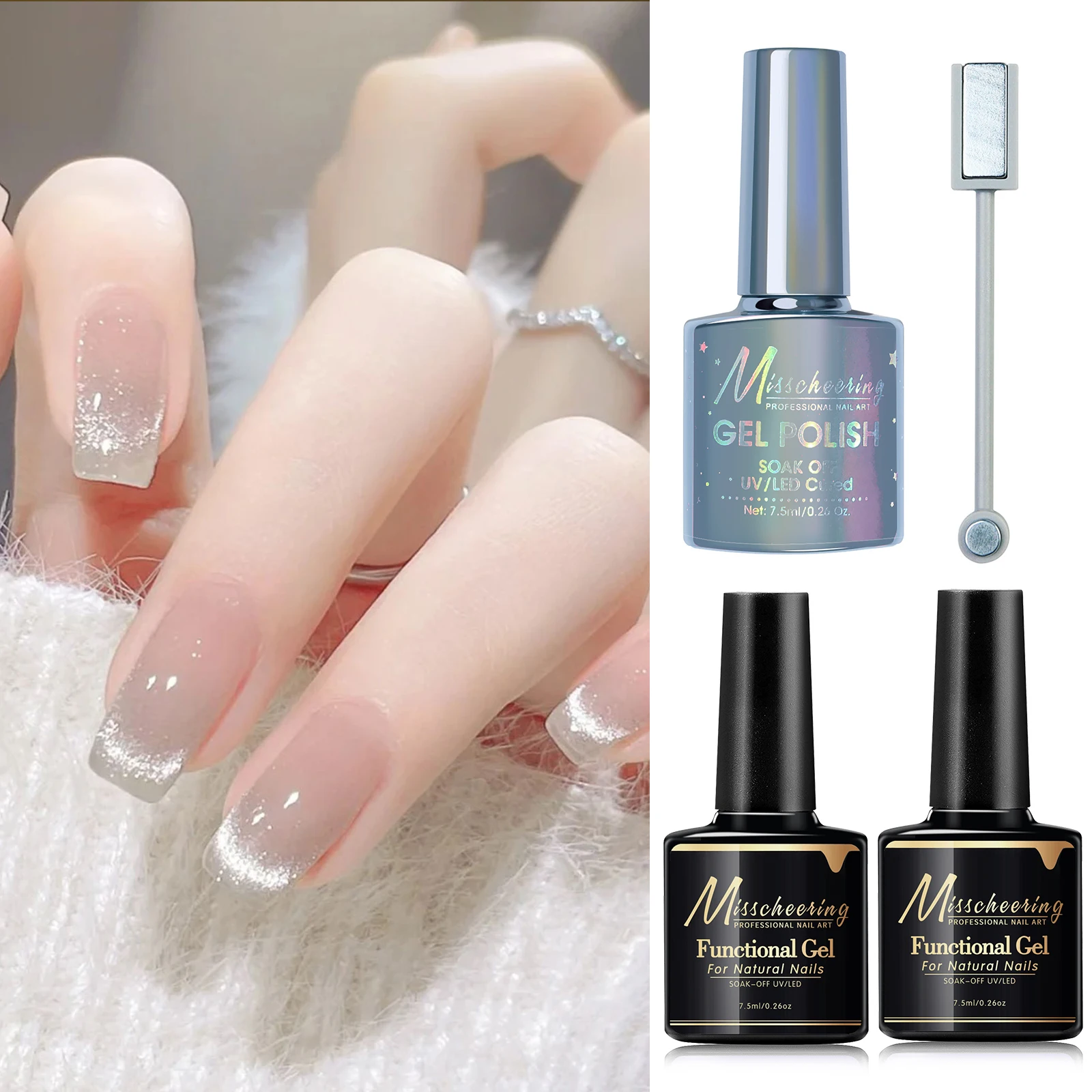 Gel de olho de gato cristal com base de borracha, revestimento superior diamante, decoração artística unhas, pode ser usado para todas as cores, gel polonês magnético, 4 peças por conjunto