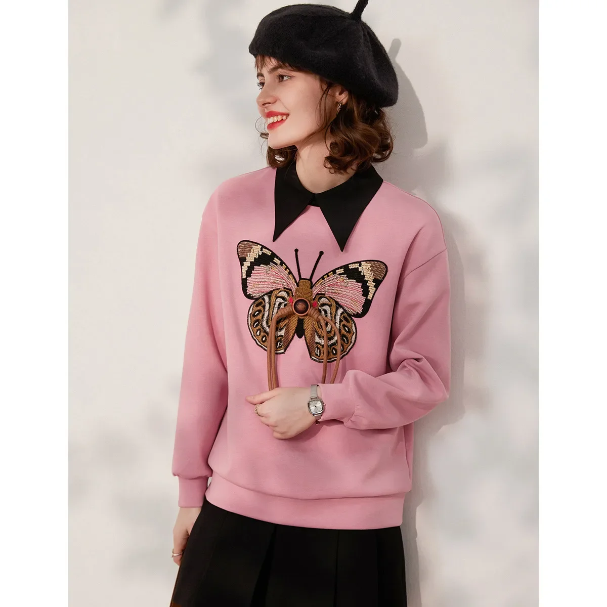 2024 Spring and Autumn Butterfly Embroidery Loose Sweater Fashionable Age-Reducing Lapel Drop Shoulder Long Sleeve Women\'s Top