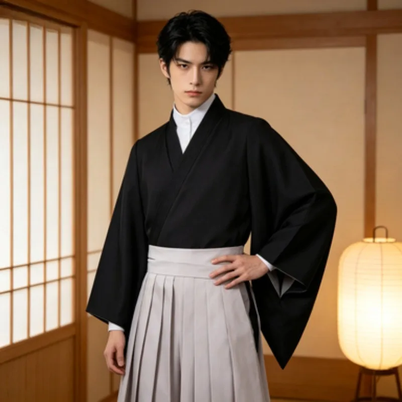 Men's Japanese Samurai Kimono Set, Traditional Japanese Kimono Robe, Suitable for Daily Leisure, Halloween and Role‑Playing Set