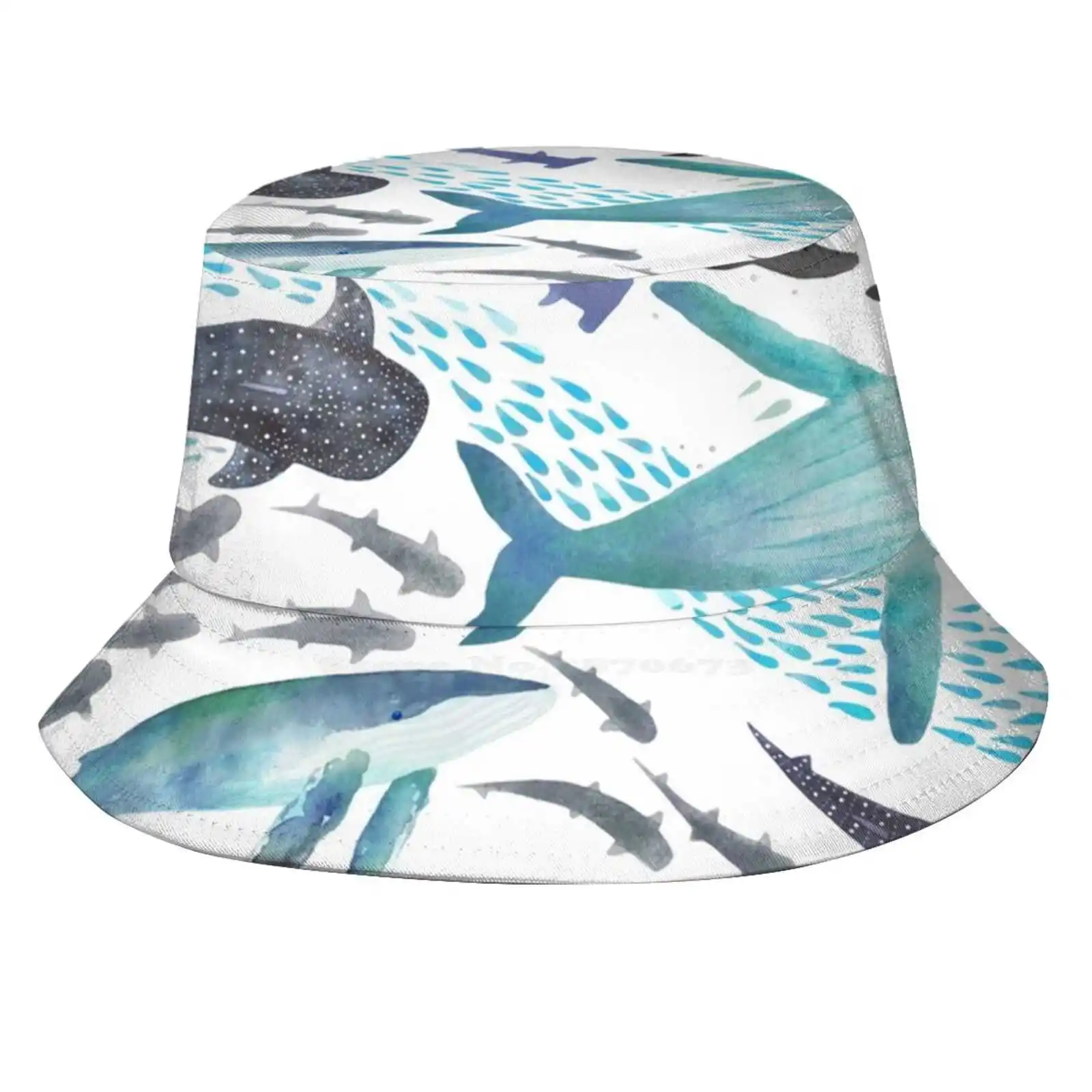 Sharks, Humpback Whales, Orcas & Turtles Ocean Play Print Sun Cap Fisherman Hat Bucket Hats Watercolor Whale Sharks Hammerhead