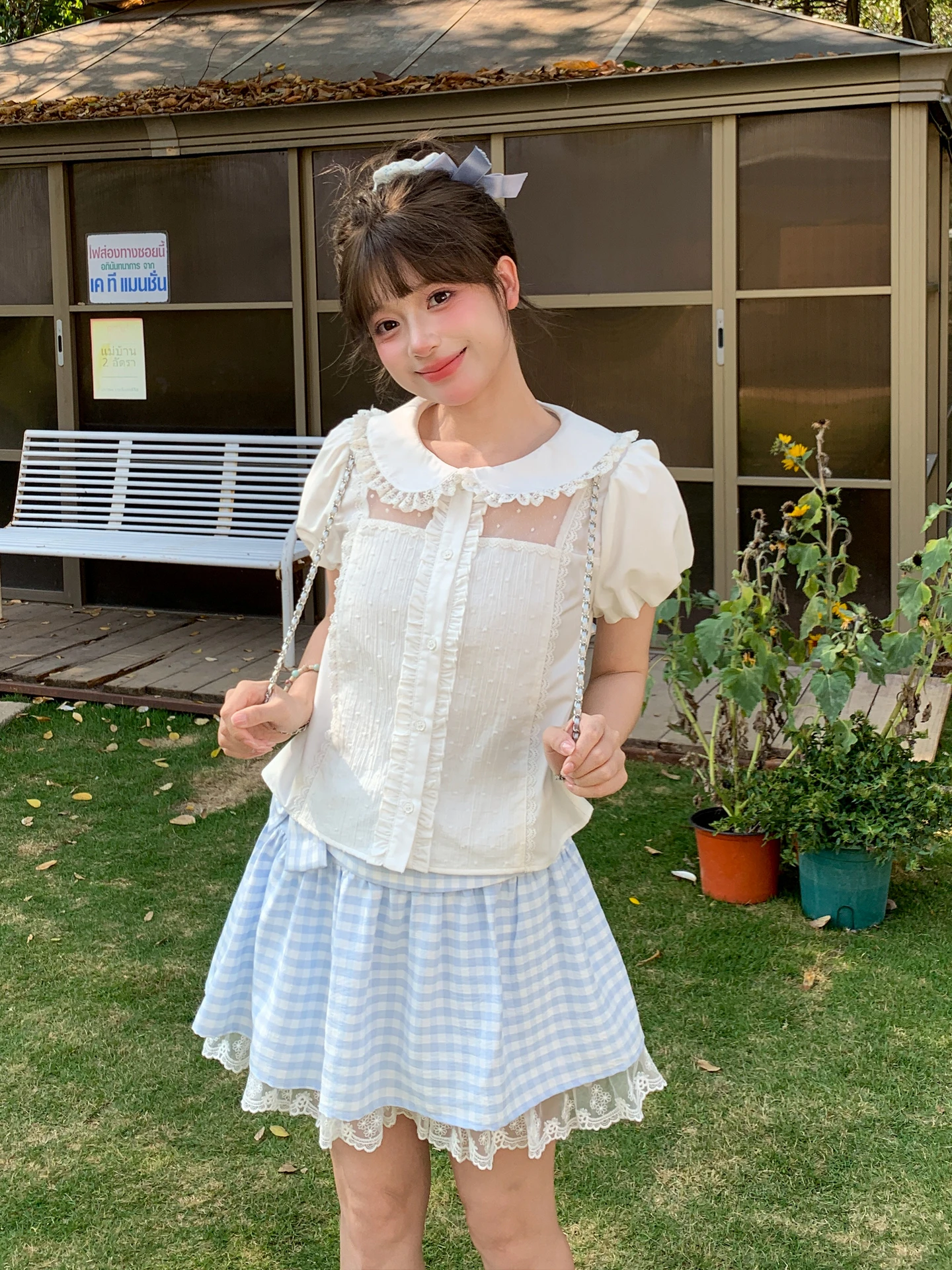 

Sweet Style Loose Fit Hollow Design Bubble Sleeve Women's Shirt Versatile Casual Cotton Short Sleeve round Neck Summer Top