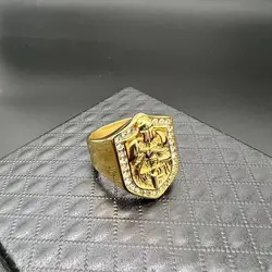 Men's European American Hip-Hop Templar Ring Gold Plated Titanium Steel with Rhinestone for Unisex Fashion Jewelry