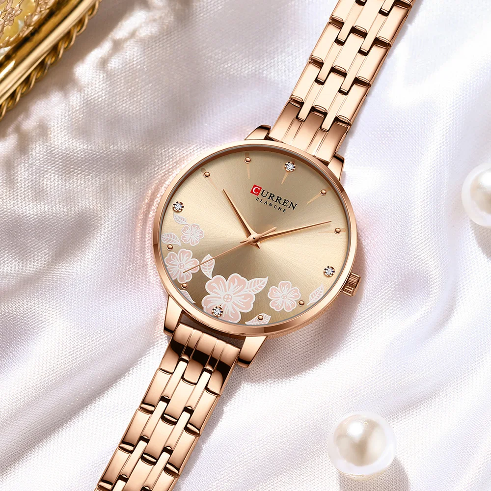 CURREN Fashion Quartz Wristwatches for Women Simple Stainless Steel Watch Bracelet with Flower Design Dial