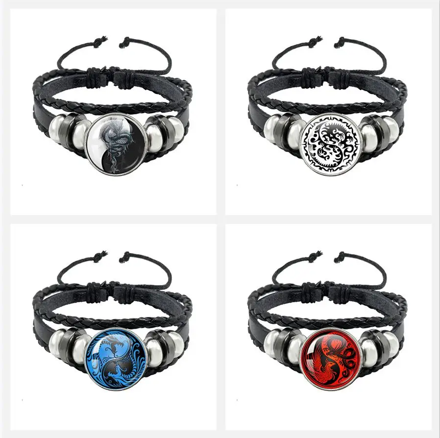 Yin Yang Dragon Tai Chi Couple Bracelet Pendant Leather Rope Adjustable Bracelet Women Men Jewelry Gift