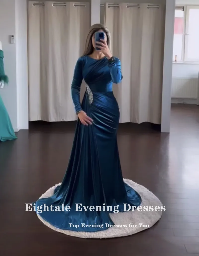 Eightale Velvet Evening Dress for Wedding Party Blue O-Neck Beaded Mermaid Customized Long Sleeves Prom Gowns