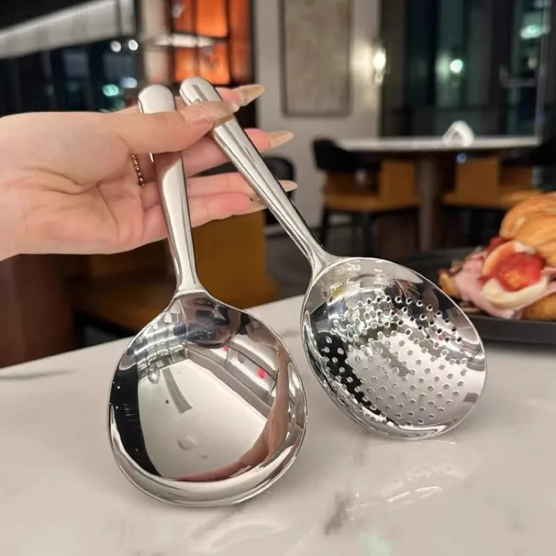 Cuchara Redonda Grande de Acero Inoxidable con Mango Corto, Cuchara de Cocina para Servir, Cucharón para Sopa, Colador, Cuchara para Arroz, Colador de Cabeza Grande para el Hogar