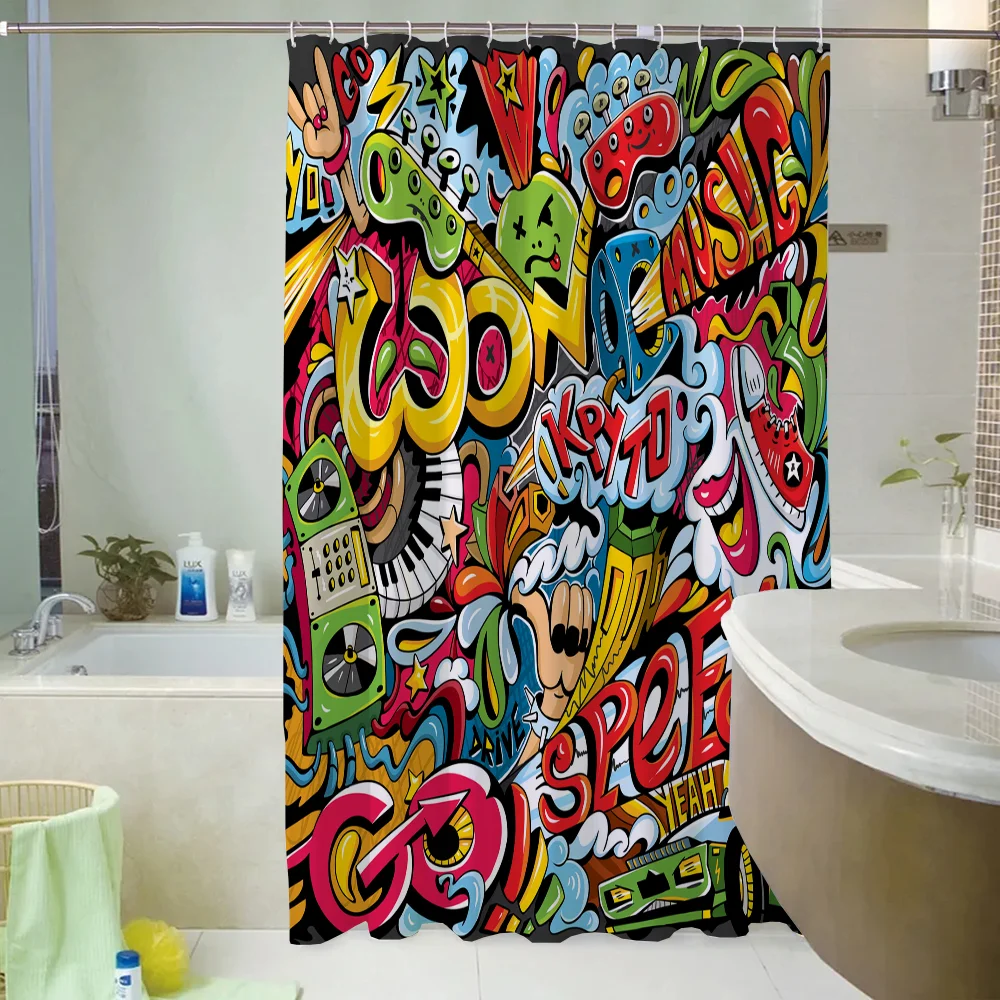 Hip-hop Graffiti Shower Curtain for Bathroom Accessories Folding Partition Curtains Bath Bedrooms Houses Rooms Quarto Waterproof