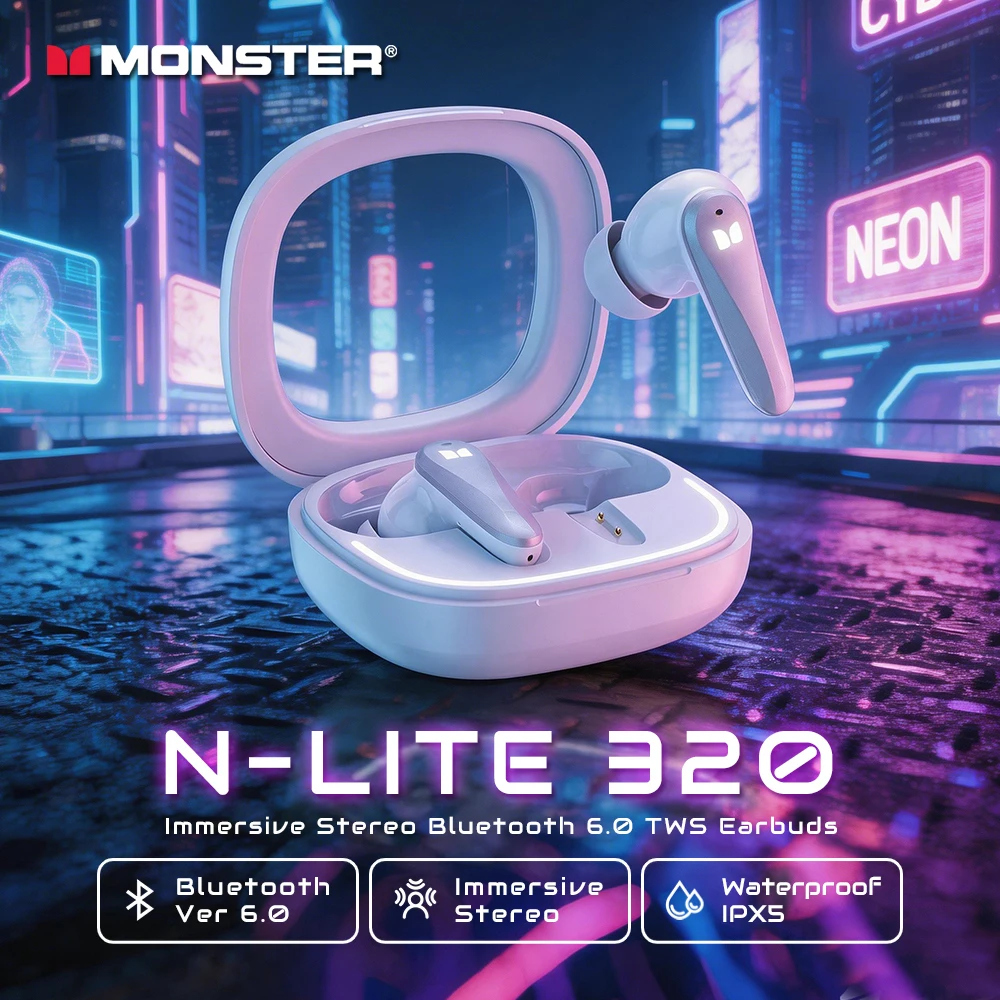 Auriculares inalámbricos Monster N-LITE 320 TWS, Bluetooth 6,0, auriculares deportivos ENC con reducción de ruido para llamadas, para iPhone y Samsung