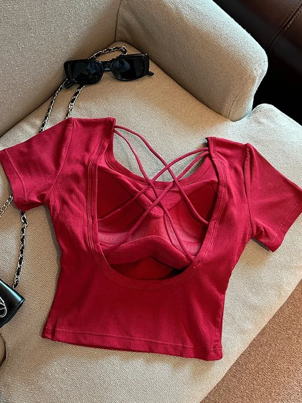 Summer Short Sleeve T-Shirt Women's Slim Fit Back Hollow out Design Unique Exquisite Top Korean Style Commute Fashion