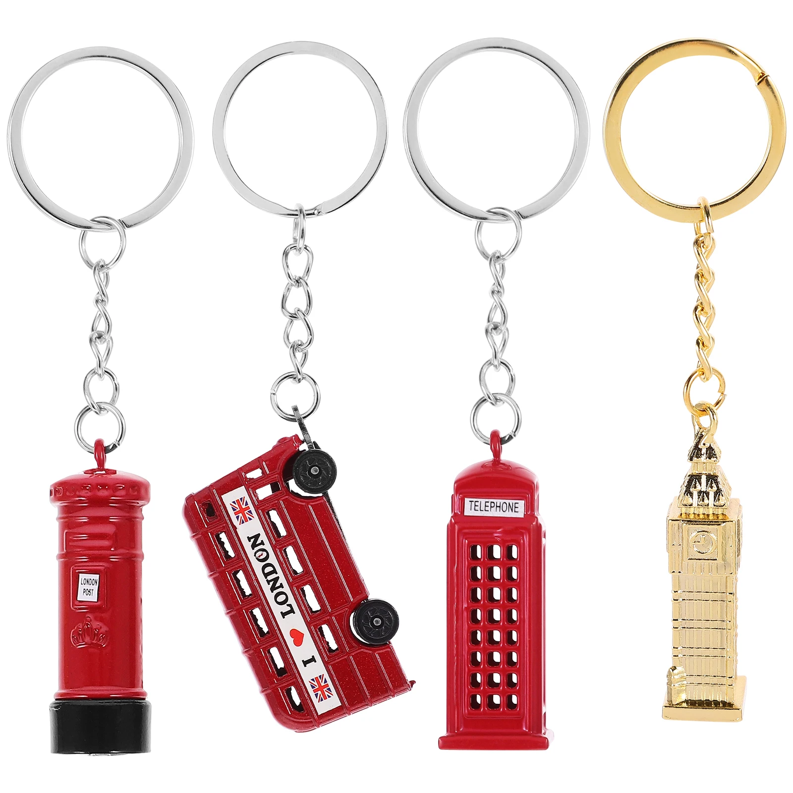 4pcs London Theme KeyChain Set Bus Big Ben Keyring Souvenirs Keychain Telephone Booth Postbox Key Holder Jewelry Craft Accessory