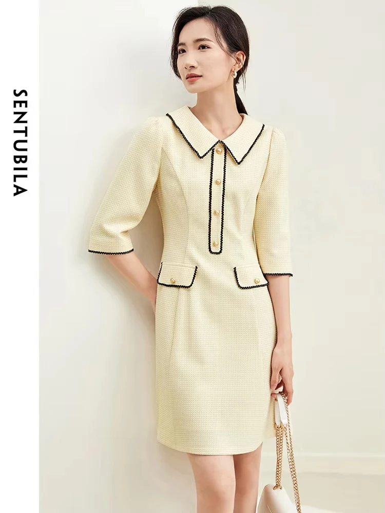 SENTUBILA Women\'s Elegant Office Lady Dresses Spring Autumn 2024 A-Line Polo Neck Knee Length Button Temperament Dress 133L50433