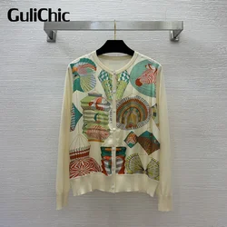 9.19 GuliChic Fashion Vintage Chic Pattern Print Crew Neck Single Breasted Long Sleeve Knitted Spliced Cardigan Women