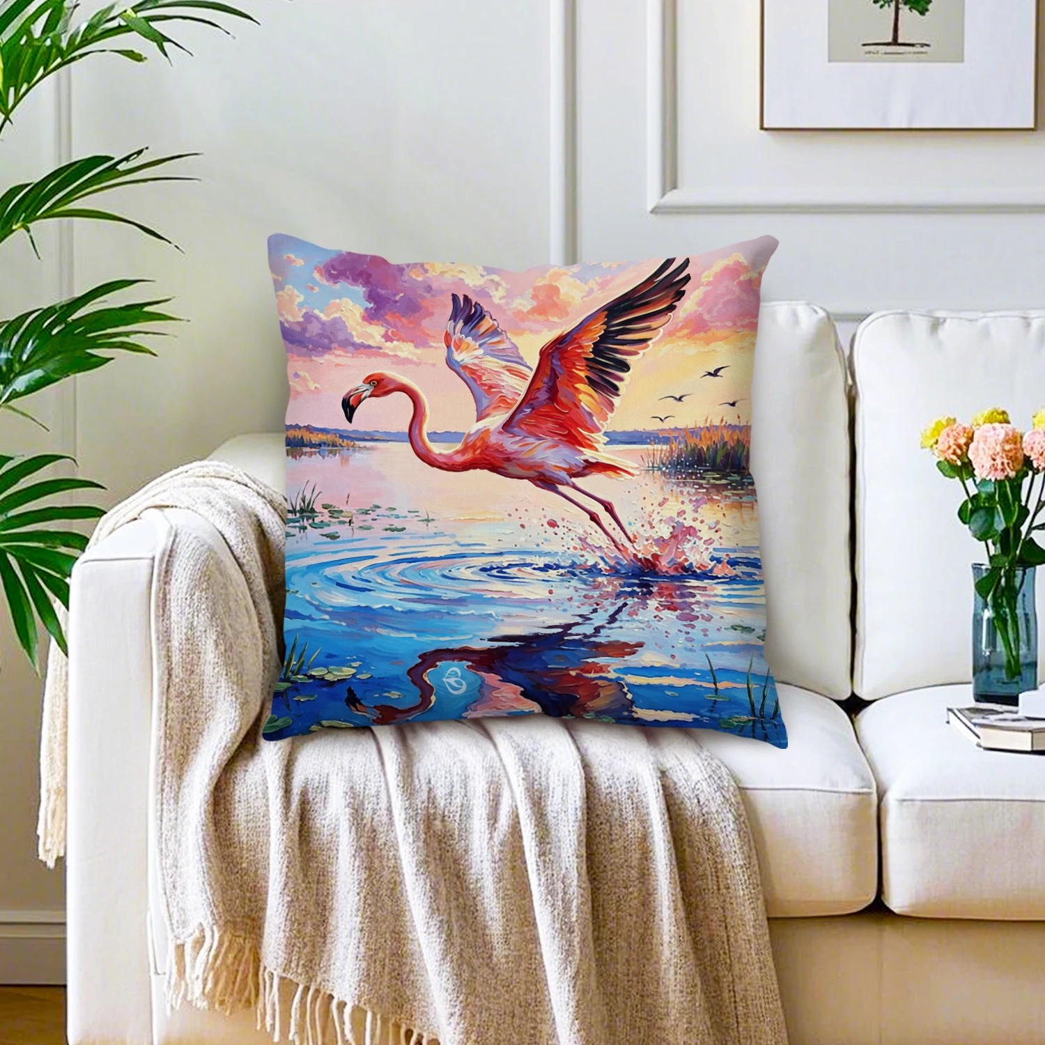Flamingo Bird Pillow Cover Tropical Lake Sunset Landscape Linen Cushion Case Nature Artwork Home Decor Sofa Bedroom Patio Accent