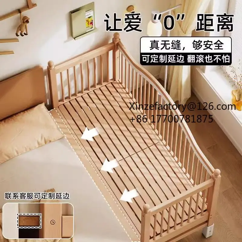 Factory Direct 2026 Top Rated Beech Children's Splicing Bed Solid Wood Crib Splicing Bed Lifting Guardrail Wide Bedside