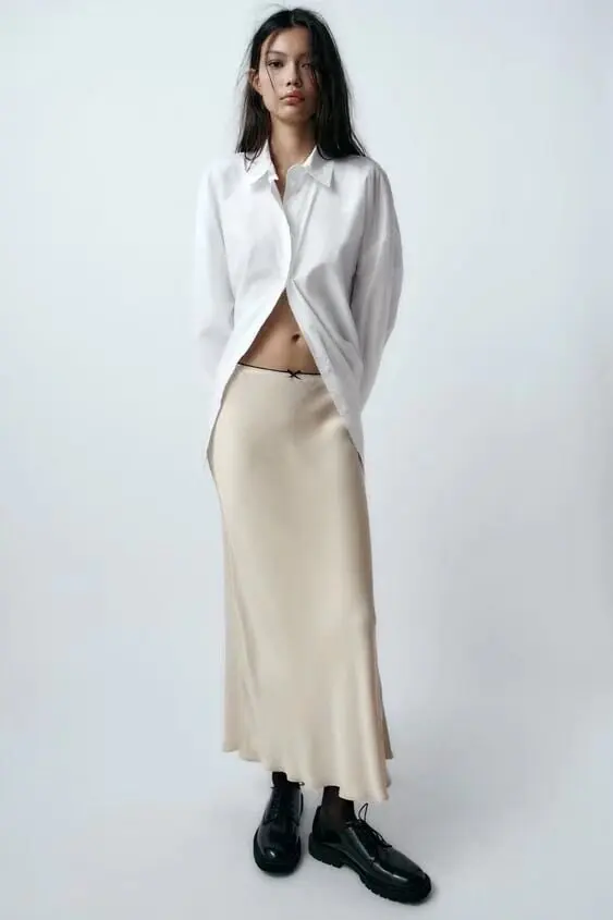 

Silk Satin Texture Midi Skirt Women's Underwear Sle f-length Spring New Arrival High Waist A-line Long Skirt Knot
