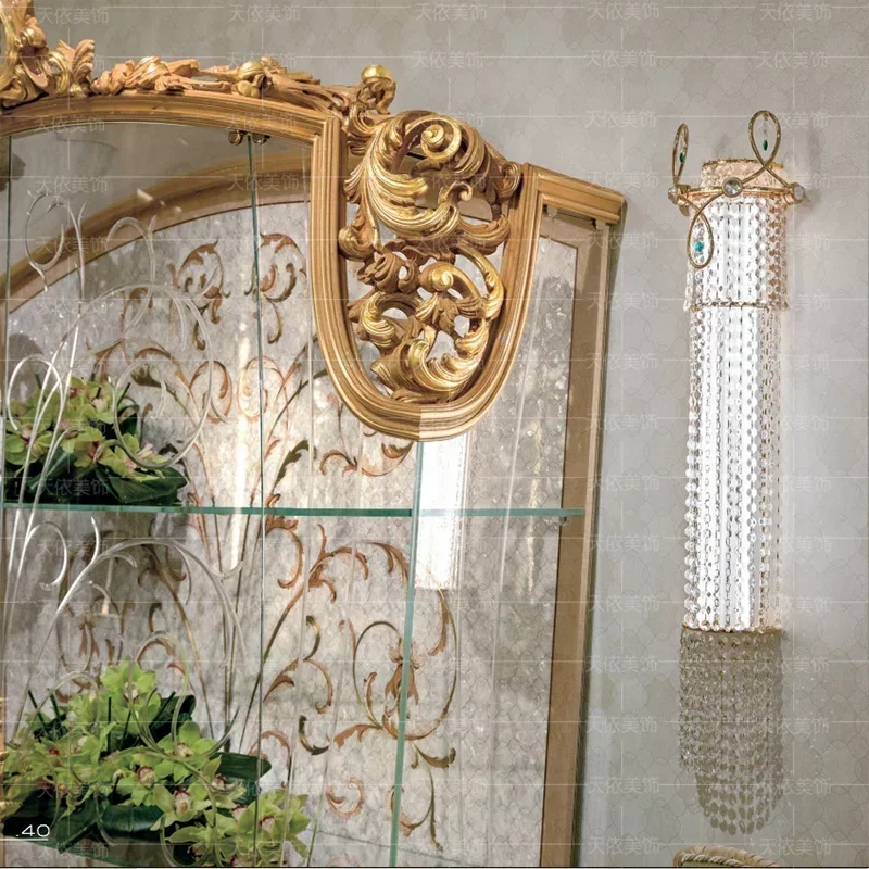 Italian luxury table side cabinet solid wood carved veneer shell double door glass display palace wine cabinet