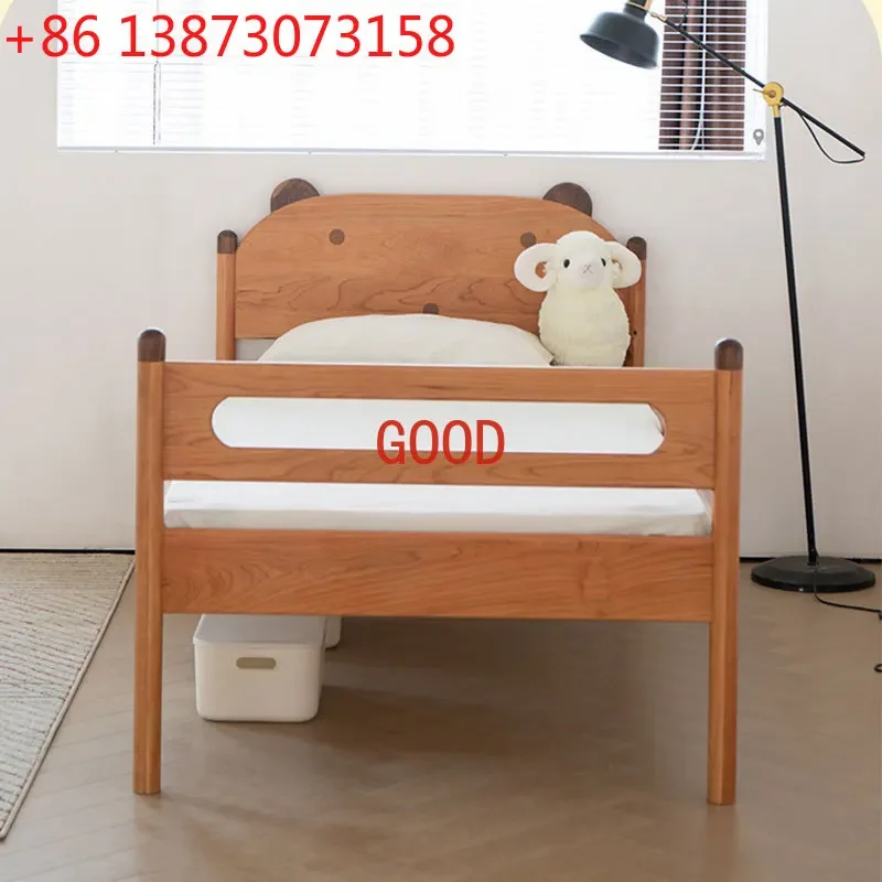 Children's Bed Solid Wood with Fence Cherrywood Single Bed Walnut Japanese Stitching